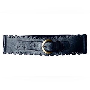 Forever 21 Black Wide Waist Belt S/M Elastic Scalloped Perforated PU